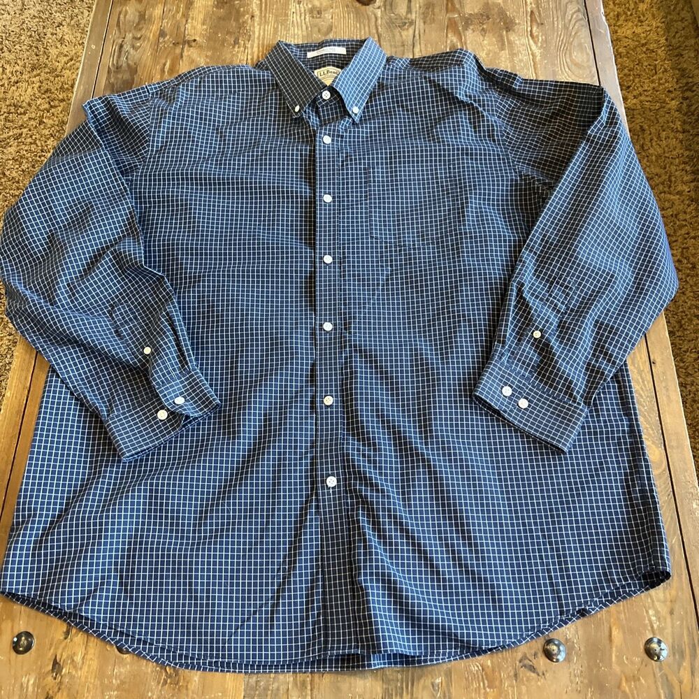 L.L.Bean Men’s Navy Blue Check Wrinkle Free Trad Fit Button Down LS Shirt Sz 2XL